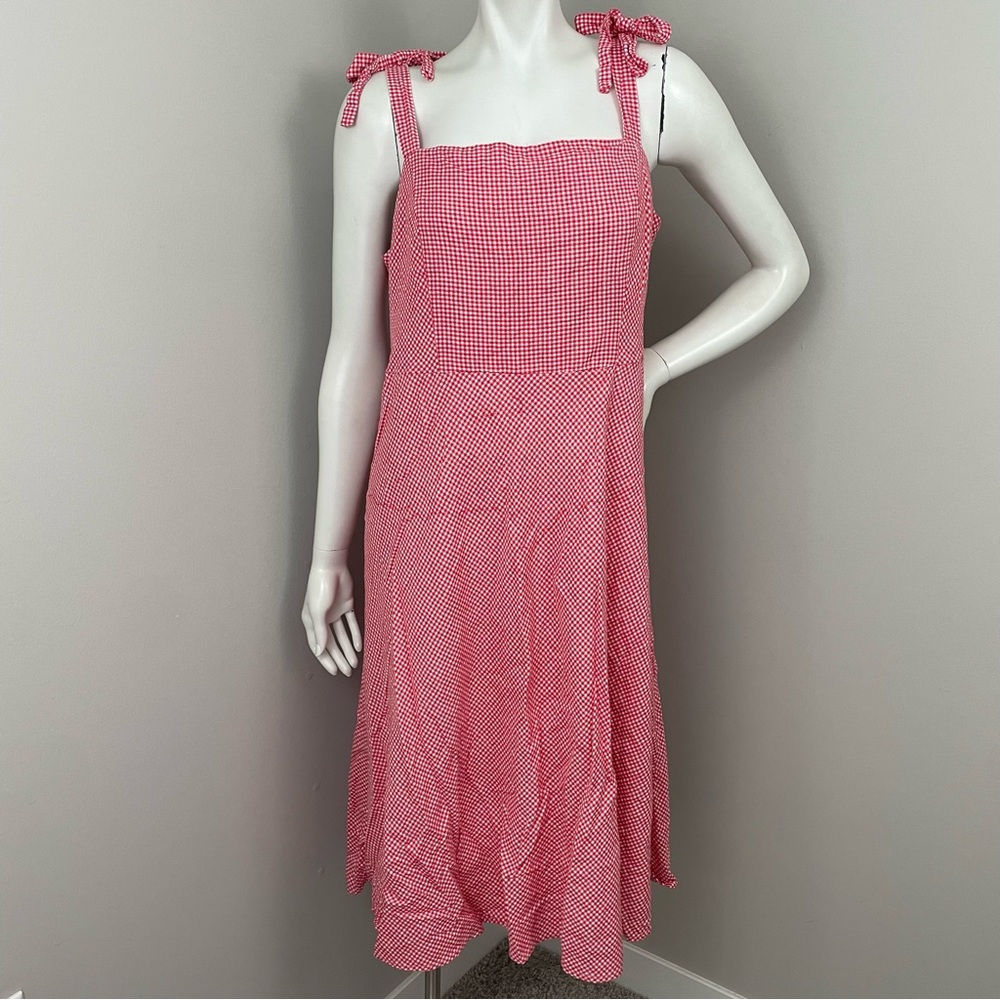 DRAPER JAMES RSVP Red & White Gingham Print Bow Tie Straps Midi Dress